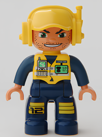 Минифигурка Lego Duplo Figure Lego Ville, Male, Dark Blue Legs & Jumpsuit with Yellow Vest, Radio, ID Badge, Yellow Cap with Headset, Wide Smile 47394pb069 U